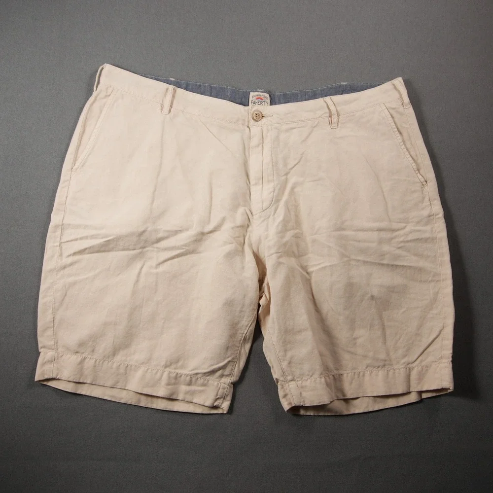 Faherty Linen Cotton Flat Front Men Shorts 40 Vacation Coastal Prep Nautical